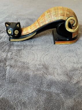 Cat Handcrafted Black and Gold Curled Figurine 8 inch